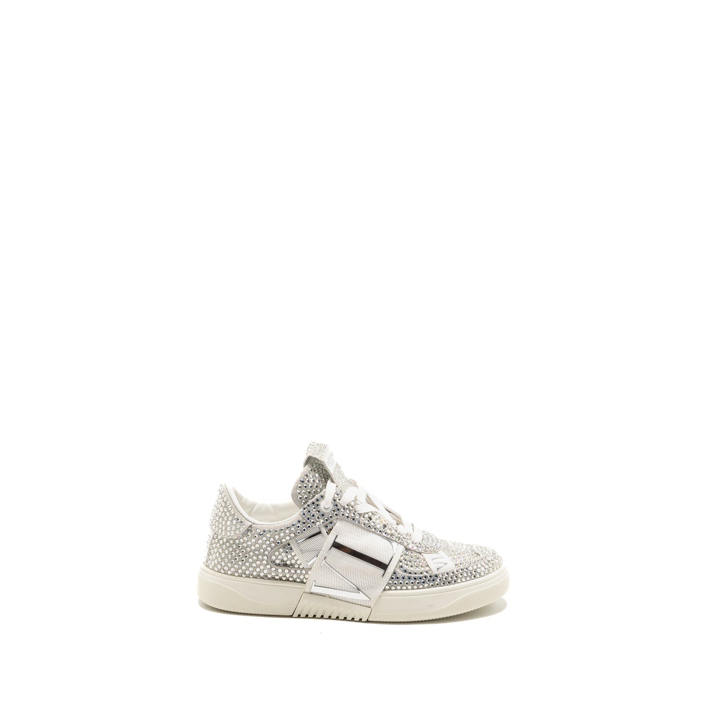 Valentino Size 37.5 VLTN Crystal-embellished Sneaker Calfskin White/Silver