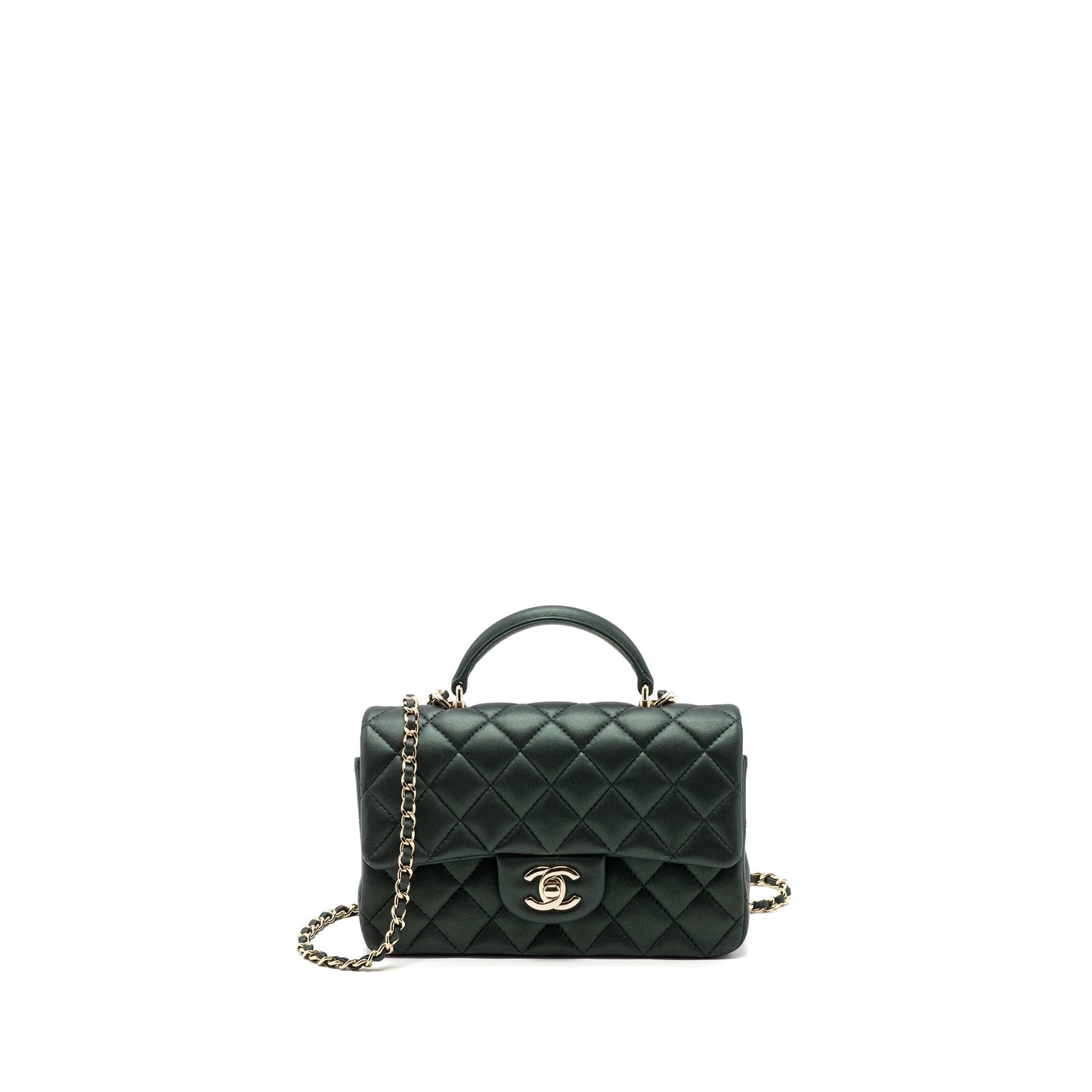 Chanel Top Handle Mini Rectangular Flap Bag Lambskin Dark Green LGHW (microchip)