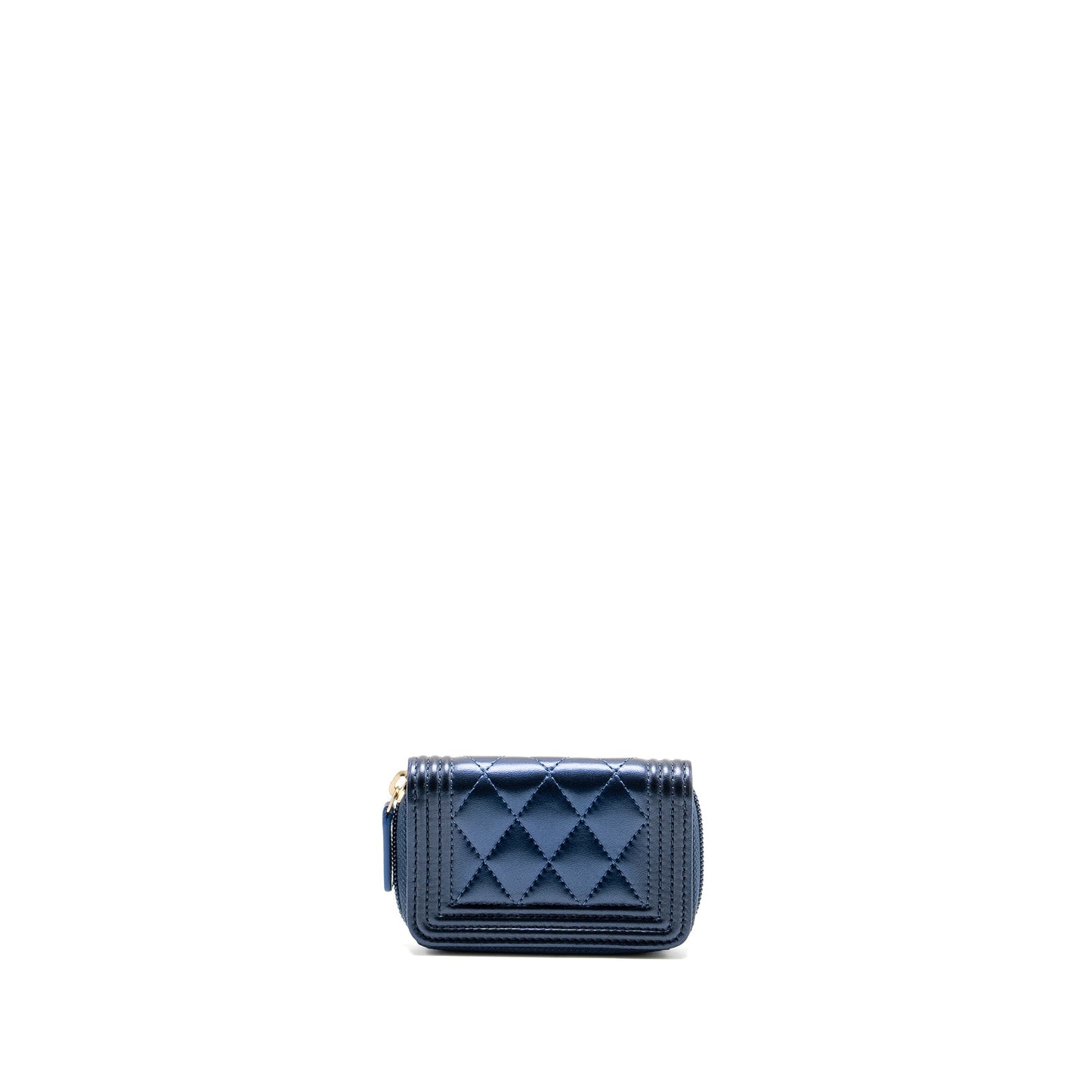 Chanel Boy Zip Card Holder/Coin Purse Lambskin Metallic Blue GHW