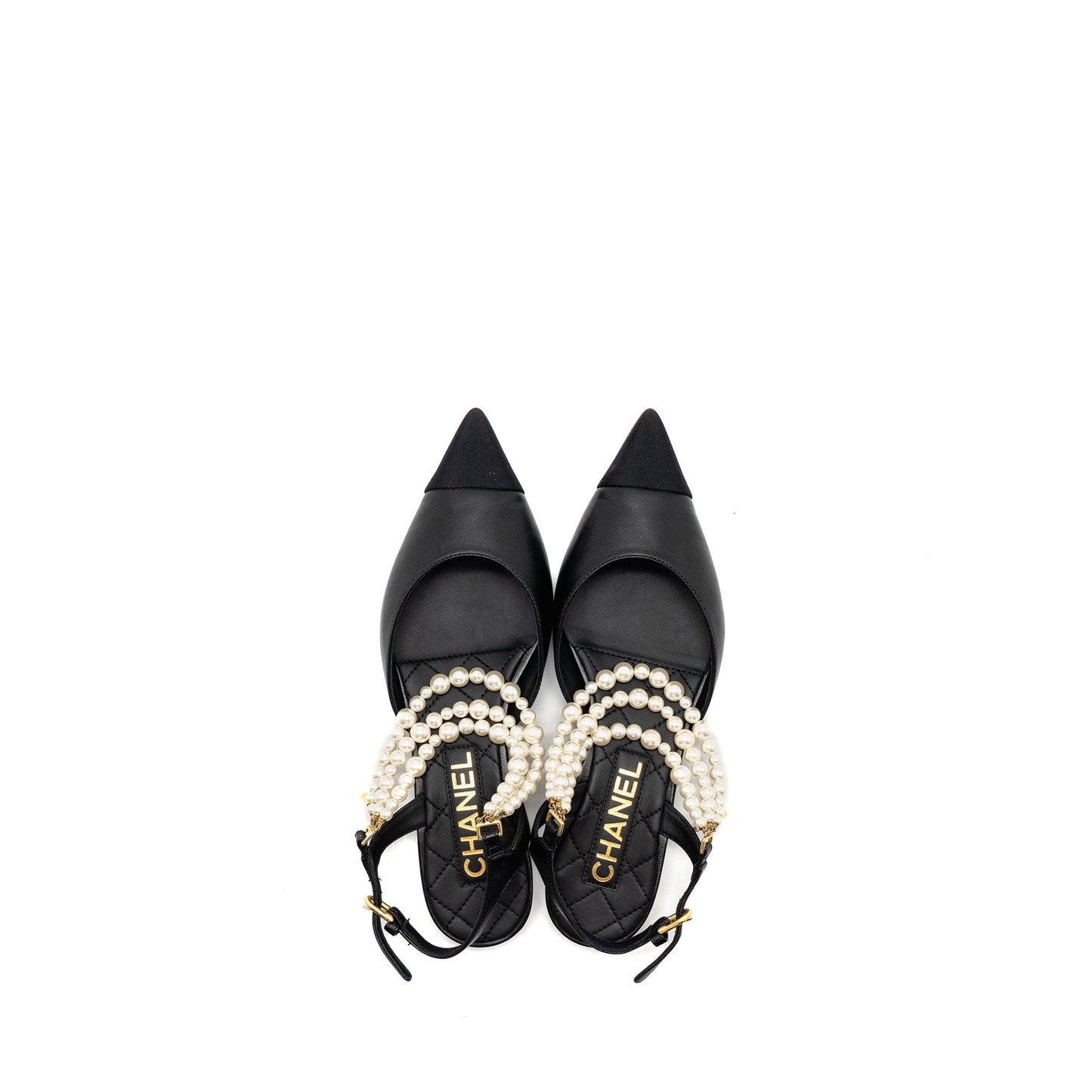 Chanel 22A Size 37.5 Slingback Mules with Pearls Lambskin Black LGHW