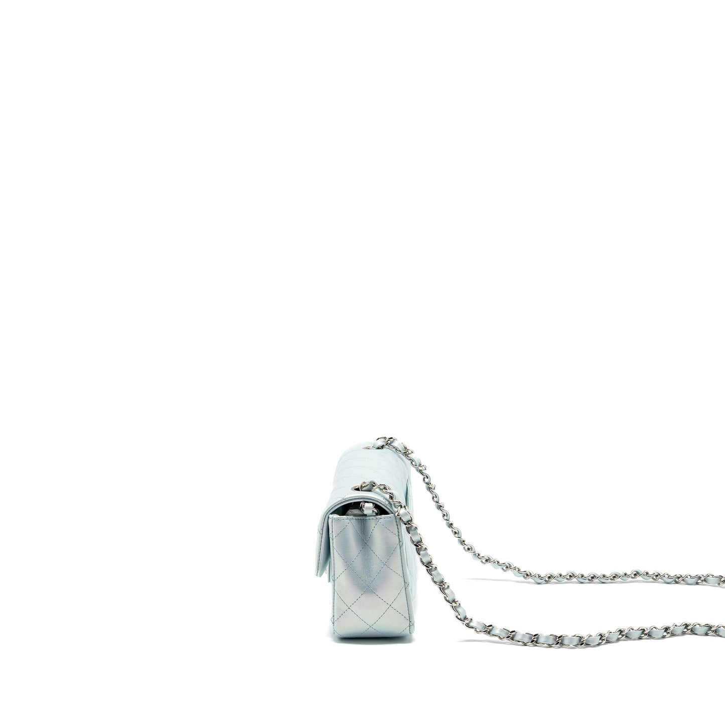 Chanel 21K mini rectangular flap bag calfskin iridescent light blue SHW (microchip)