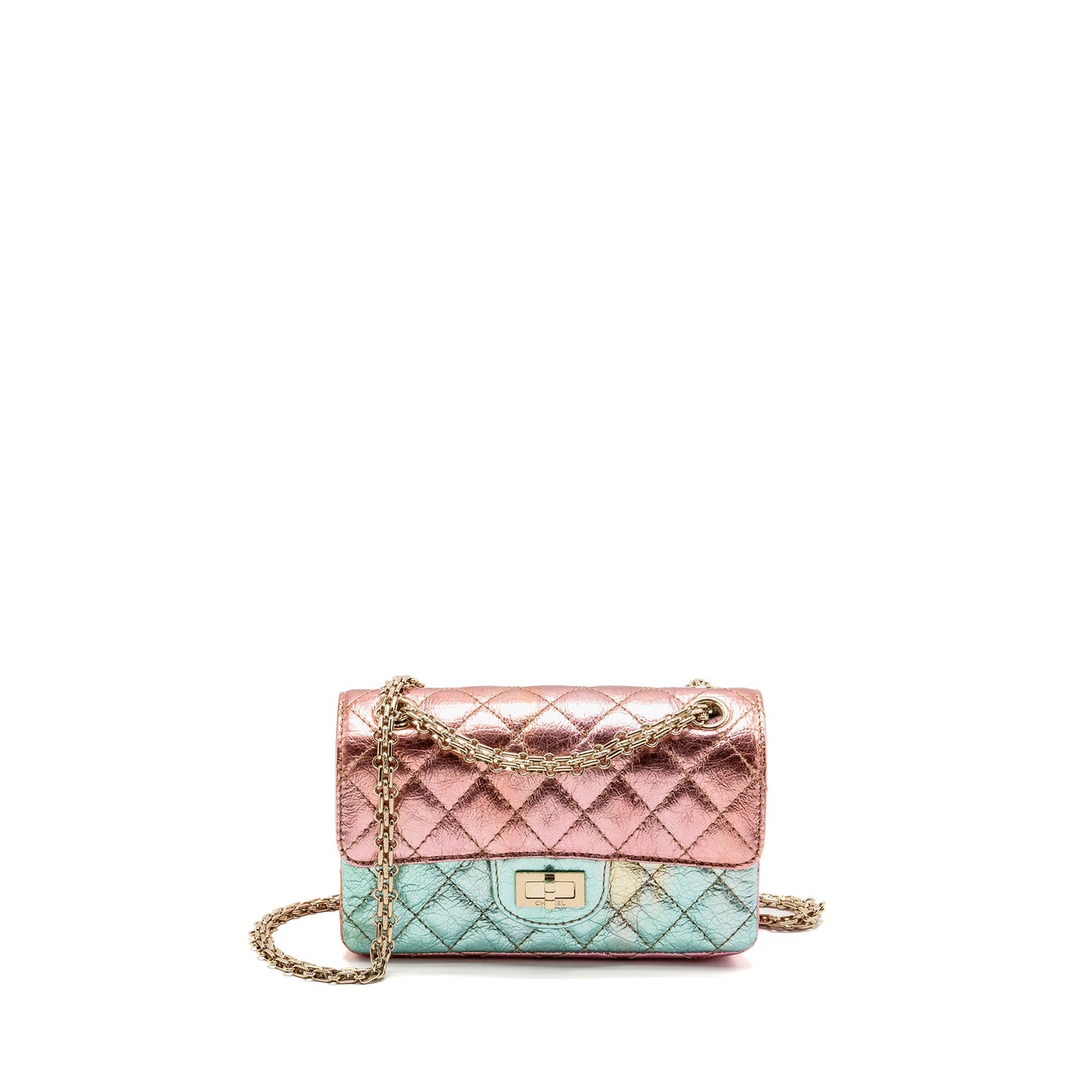 Chanel 20A mini 2.55 reissue flap bag goatskin leather rainbow multicolor ombré LGHW