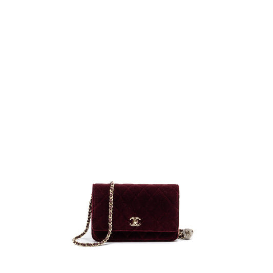 Chanel Crystal Pearl Crush Wallet On Chain Velvet Burgundy LGHW