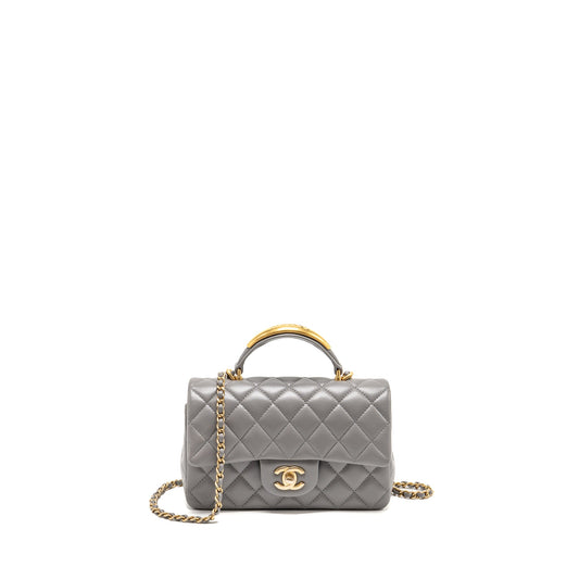 Chanel 22k Metal Top Handle Mini Rectangular Flap Bag Lambskin Grey GHW (Microchip)
