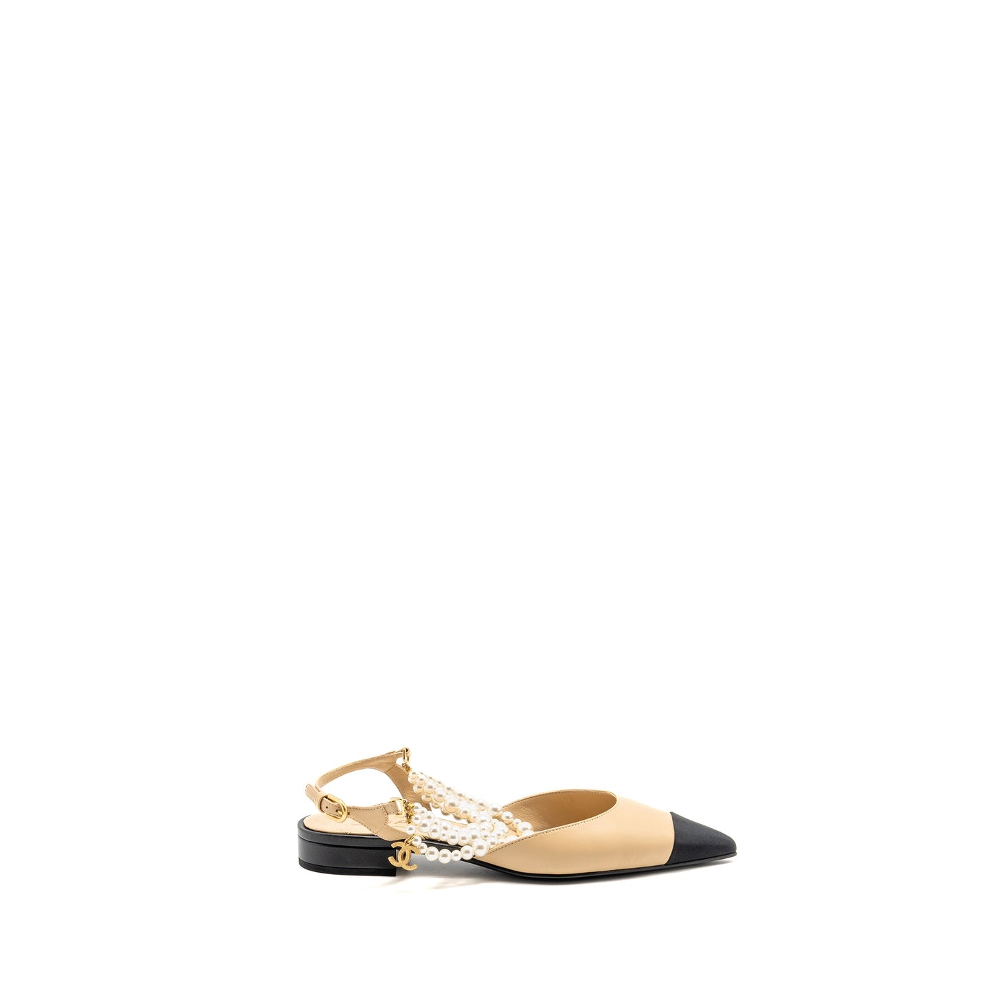 Chanel size 36.5 Slingback with pearl straps beige/ black