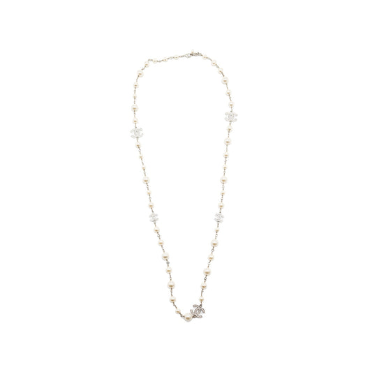 Chanel Pearl and CC with Crystal Long Necklace Silver Tone