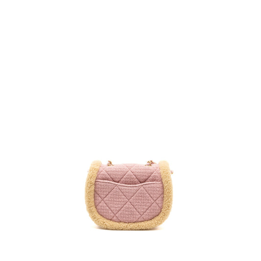 Chanel 22K Cozy coco round flap bag tweed/ shearling Pink GHW(microchip)
