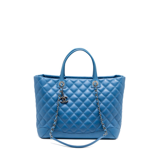 Chanel top handle quilted tote bag Calfskin blue ruthenium hardware