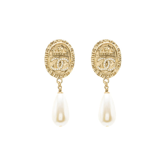 Chanel CC Logo Earrings Pearl Dropped Crystal Gold Tone