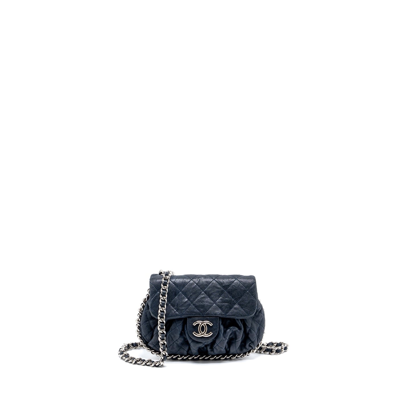 Chanel Mini Round Flap Bag With Chain Aged Calfskin Navy SHW