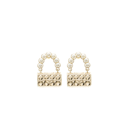 Chanel Flap Bag Dropped Earrings Pearl Light Gold Tone