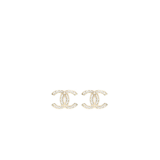 Chanel CC Logo Earrings Crystal Light Gold Tone