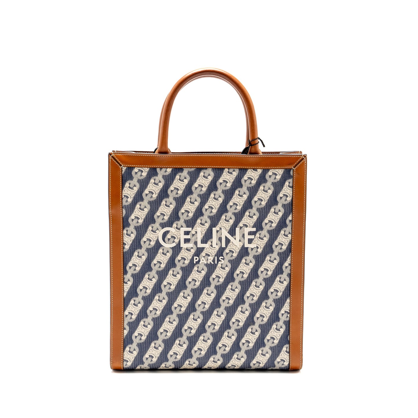 Luxury CELINE Vertical Cabas Tote in Triomphe Denim /Leather Navy/Tan