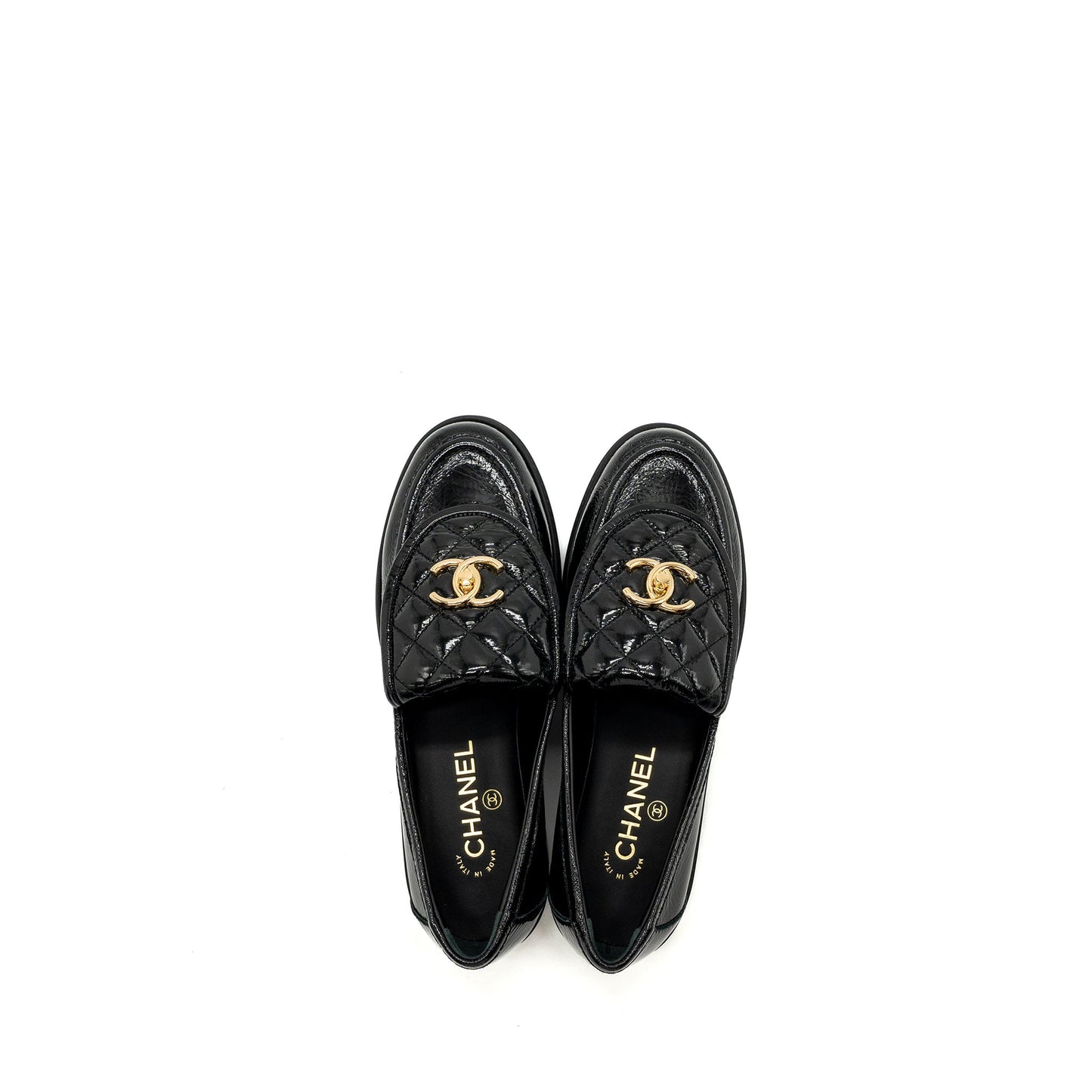Chanel Size 38.5 Quilted CC Logo Loafer Patent Lambskin Black LGHW