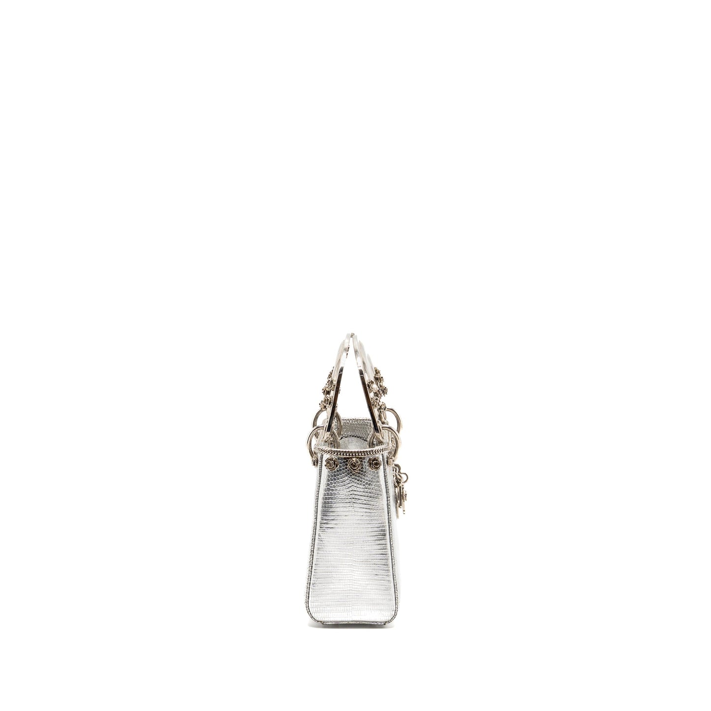 Dior Mini Lady Dior Flower Studded Metal Handle Lizard Silver SHW