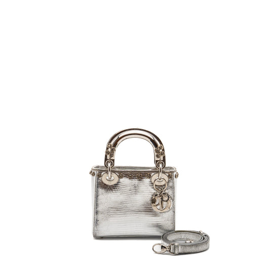 Dior Mini Lady Dior Flower Studded Metal Handle Lizard Silver SHW