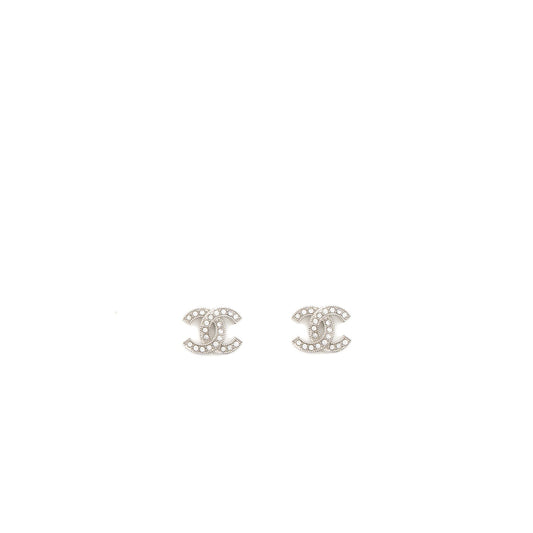 Chanel CC Logo Earrings Crystal Silver Tone