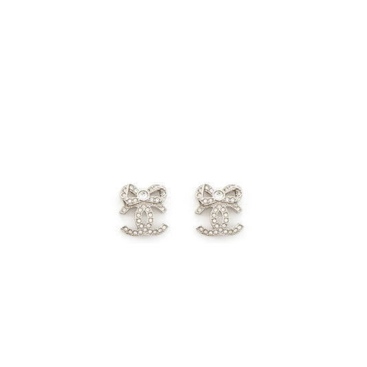 Chanel CC Logo Bow Earrings Crystal Silver Tone