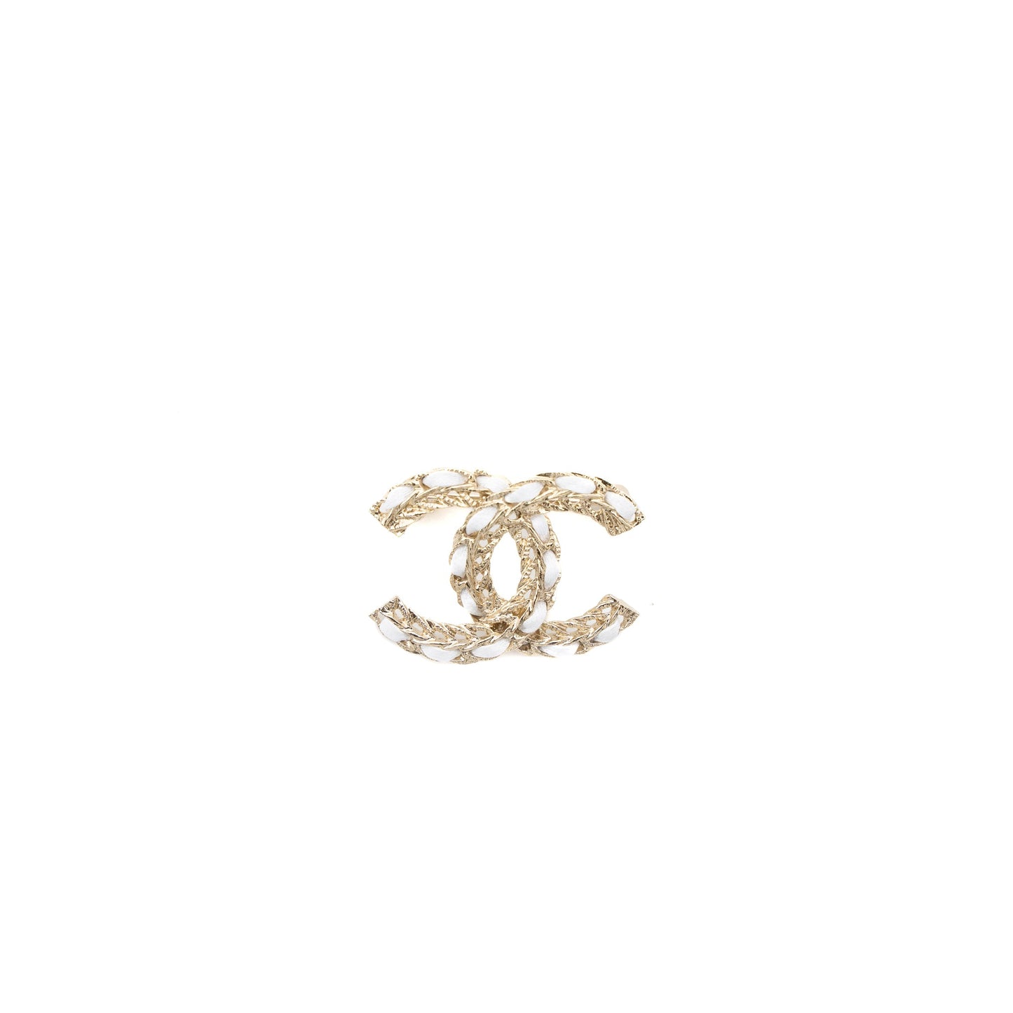 Chanel CC Logo Brooch Leather Chain White Light Gold Tone