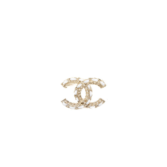 Chanel CC Logo Brooch Leather Chain White Light Gold Tone