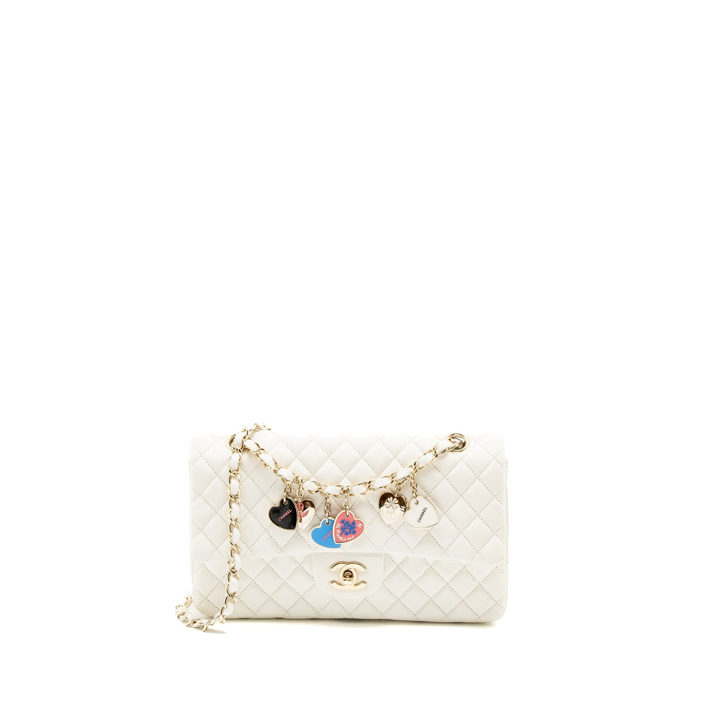 Chanel Quilted Flap Bag with Heart Charm Lambskin White LGHW
