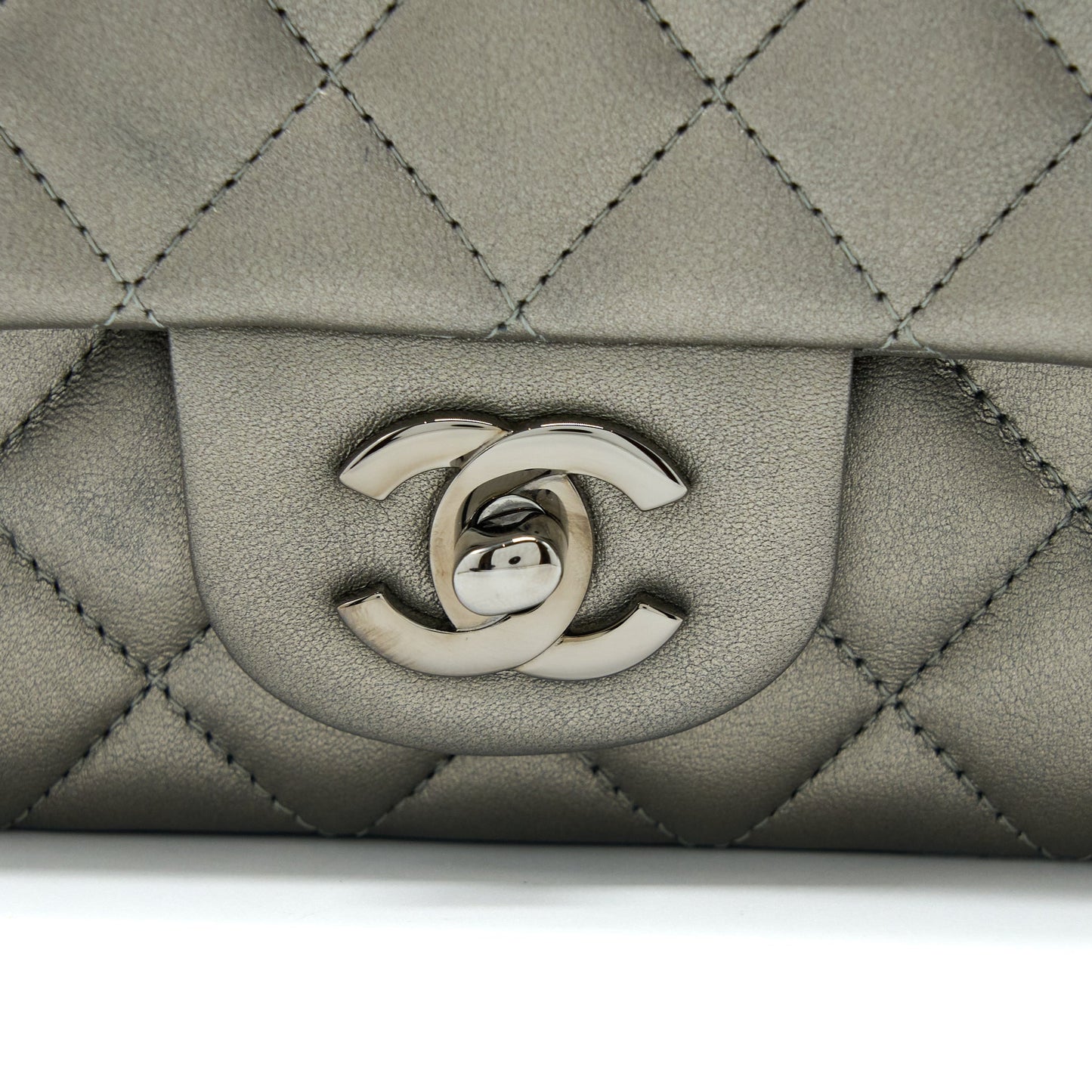 Chanel 21B Mini Rectangular Flap Bag Calfskin Metallic Silver with Shiny Ruthenium Hardware (Microchip)