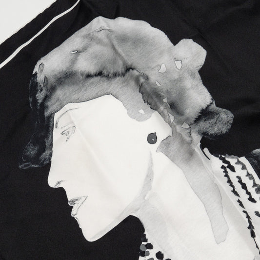 CHANEL 90x90cm Coco Chanel Silk Scarf Black / White
