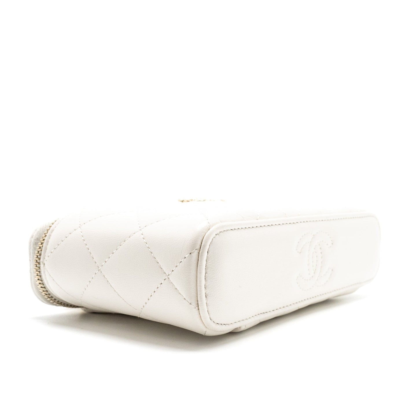 Chanel 23k Camellia Top Handle Long Vanity Case With Chain Calfskin White LGHW (Microchip)