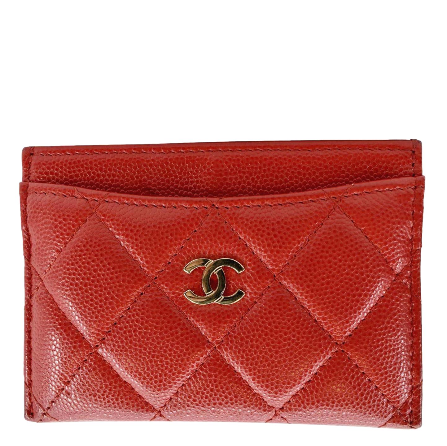 Luxury Chanel CC Card Holder Quilted Caviar Leather Wallet Red