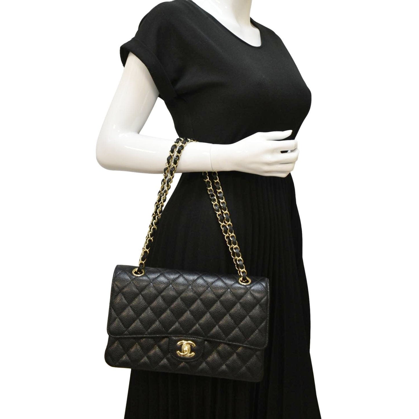 Luxury Chanel Classic Double Flap Caviar Leather Shoulder Bag Black