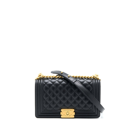 Chanel Medium Boy Bag Caviar Black Brushed GHW (Microchip)