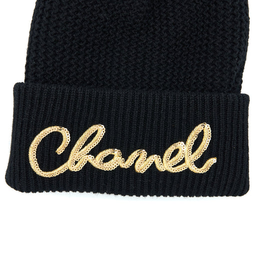 Chanel Cashmere Beanie Black With Gold Letters
