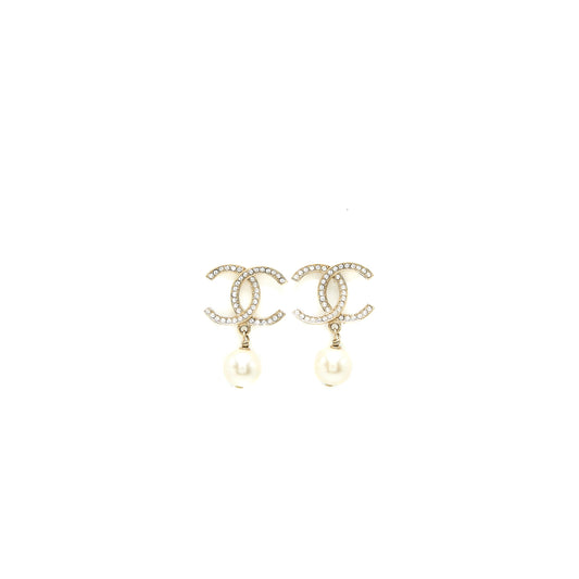 Chanel CC Logo and Pearl Drop Earrings Light Gold Tone