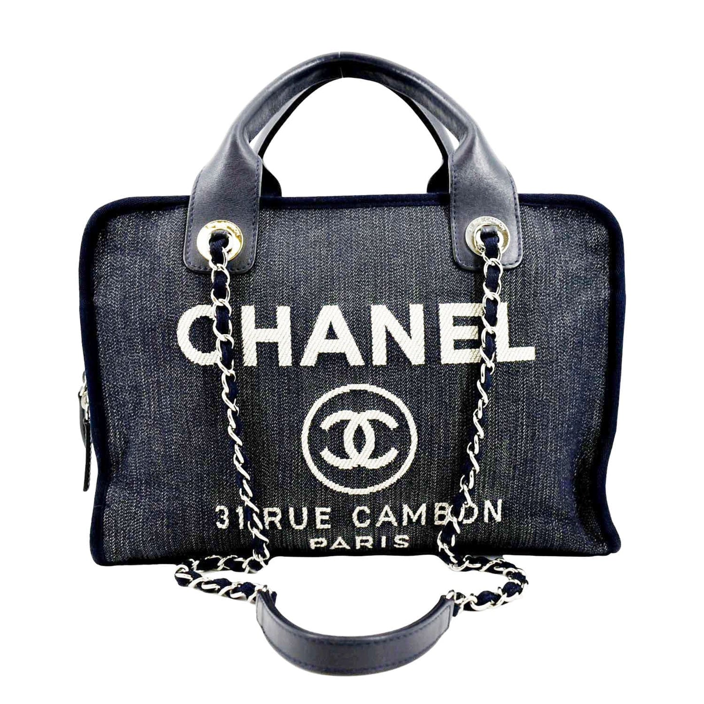 Luxury Chanel Deauville Medium Bowling Denim Shoulder Bag Blue