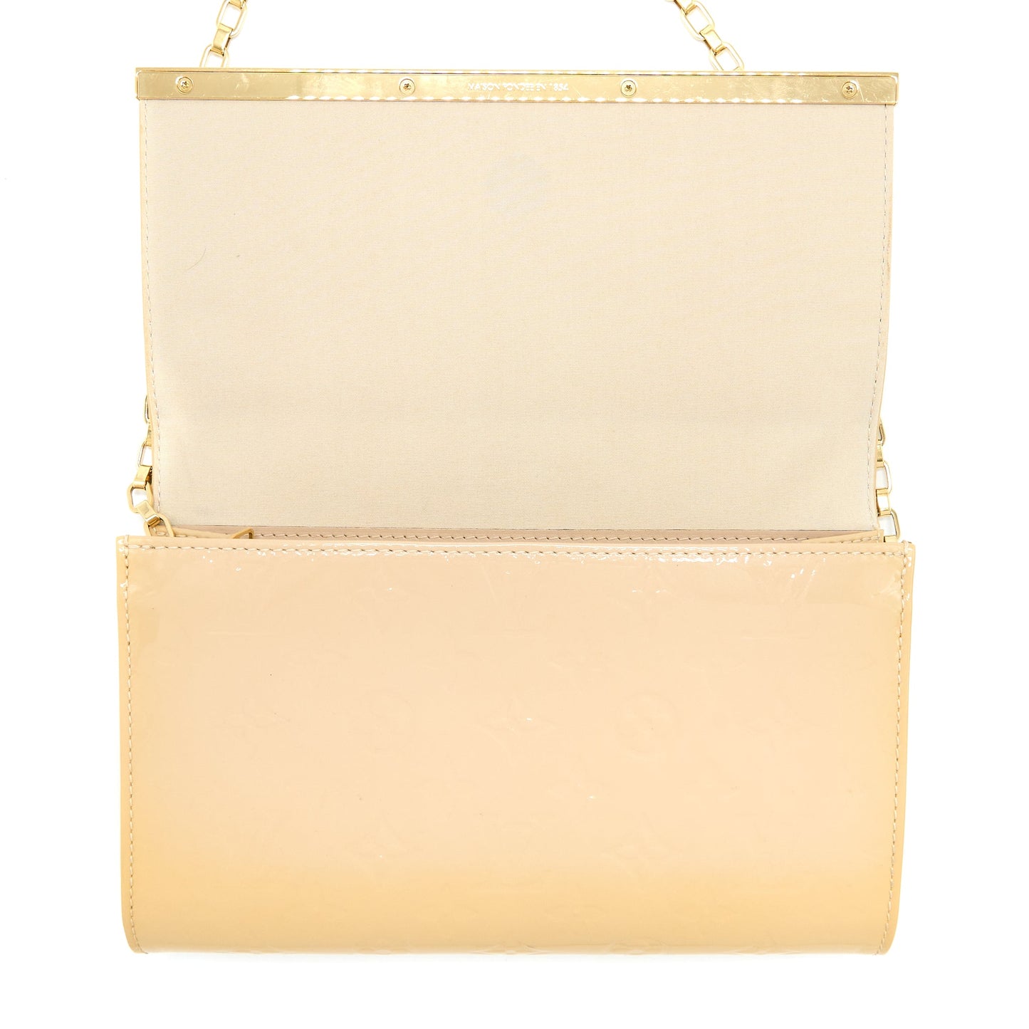 Louis Vuitton Ana Vernis Clutch With Chain Patent Beige GHW