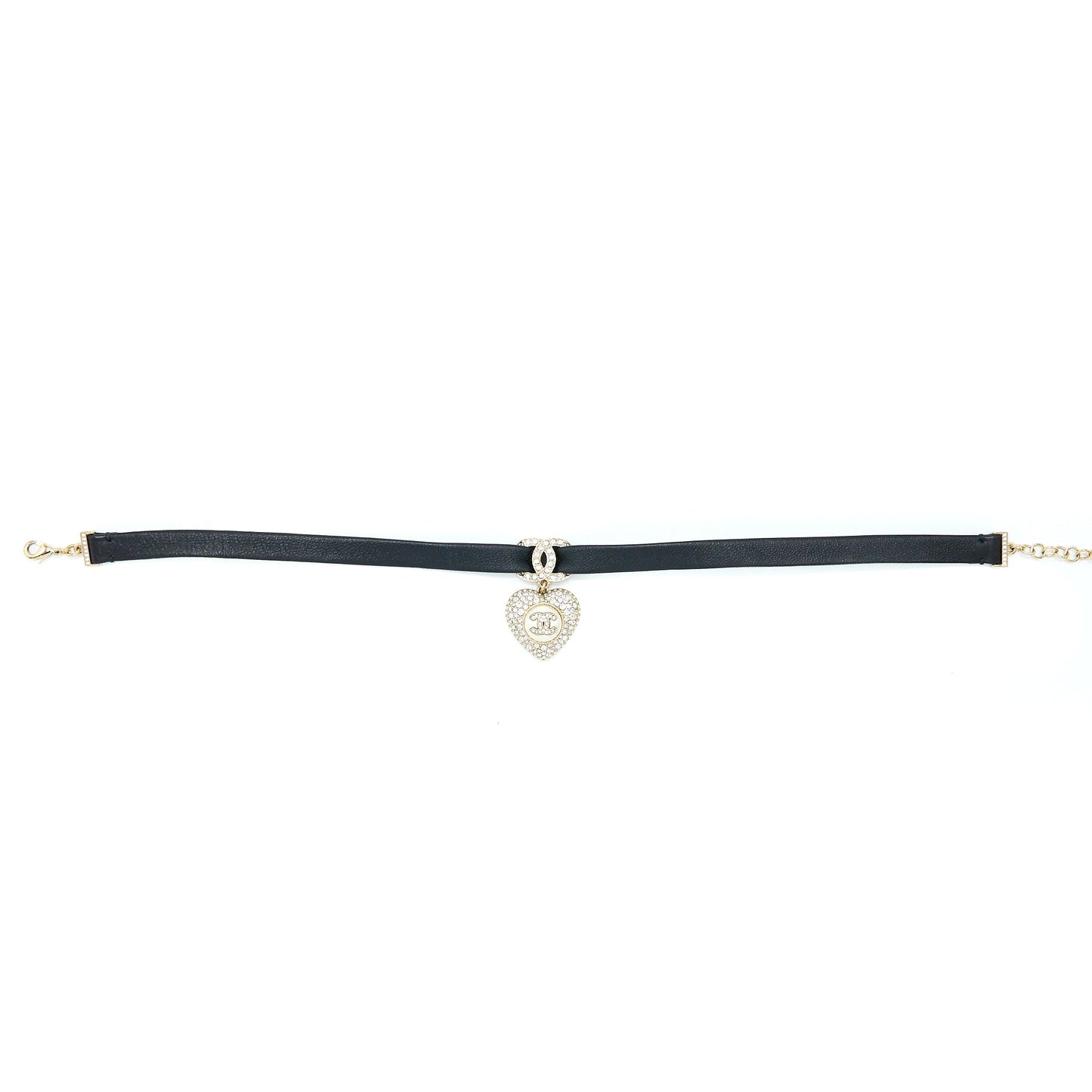 Chanel Crystal CC Logo Heart Chocker Leather/Pearl/Crystal Black Light Gold Tone