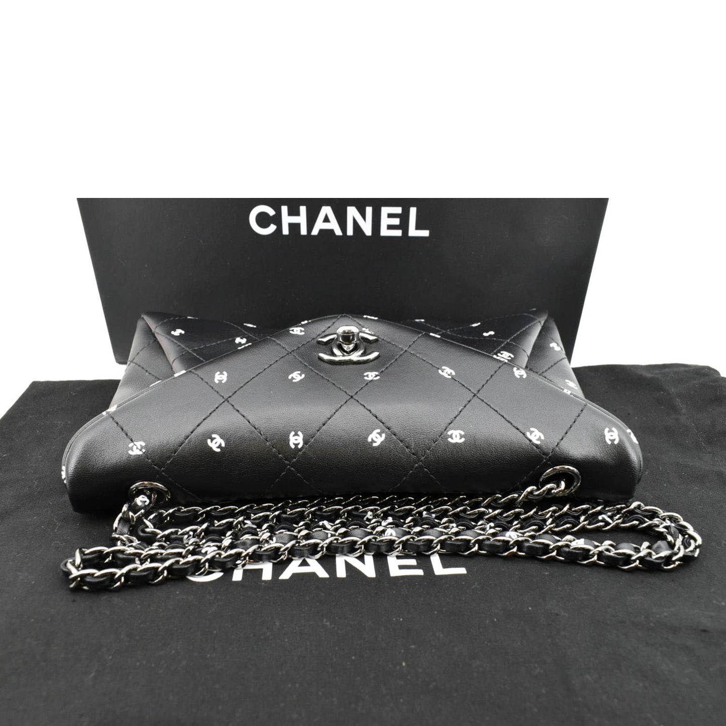 CHANEL CC Envelope Printed Lambskin Leather Chain Clutch Bag Black