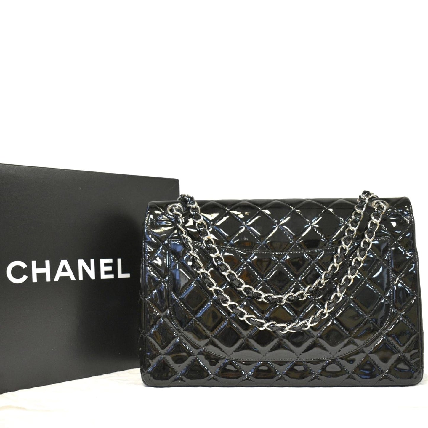 Luxury Chanel Classic Maxi Double Flap Quilted Patent Leather Shoulder Bag Black