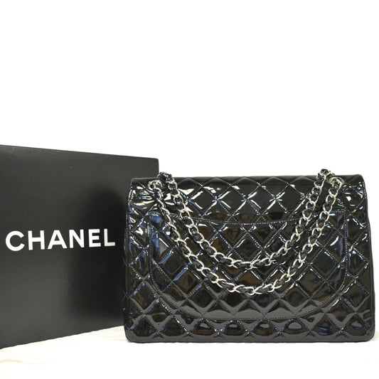 Luxury Chanel Classic Maxi Double Flap Quilted Patent Leather Shoulder Bag Black