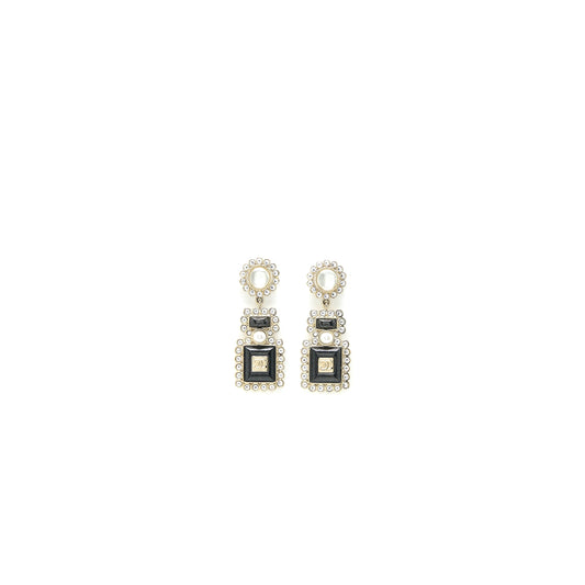 Chanel Perfume Bottle CC Logo Earrings Crystal/Pearl Black Light Gold Tone