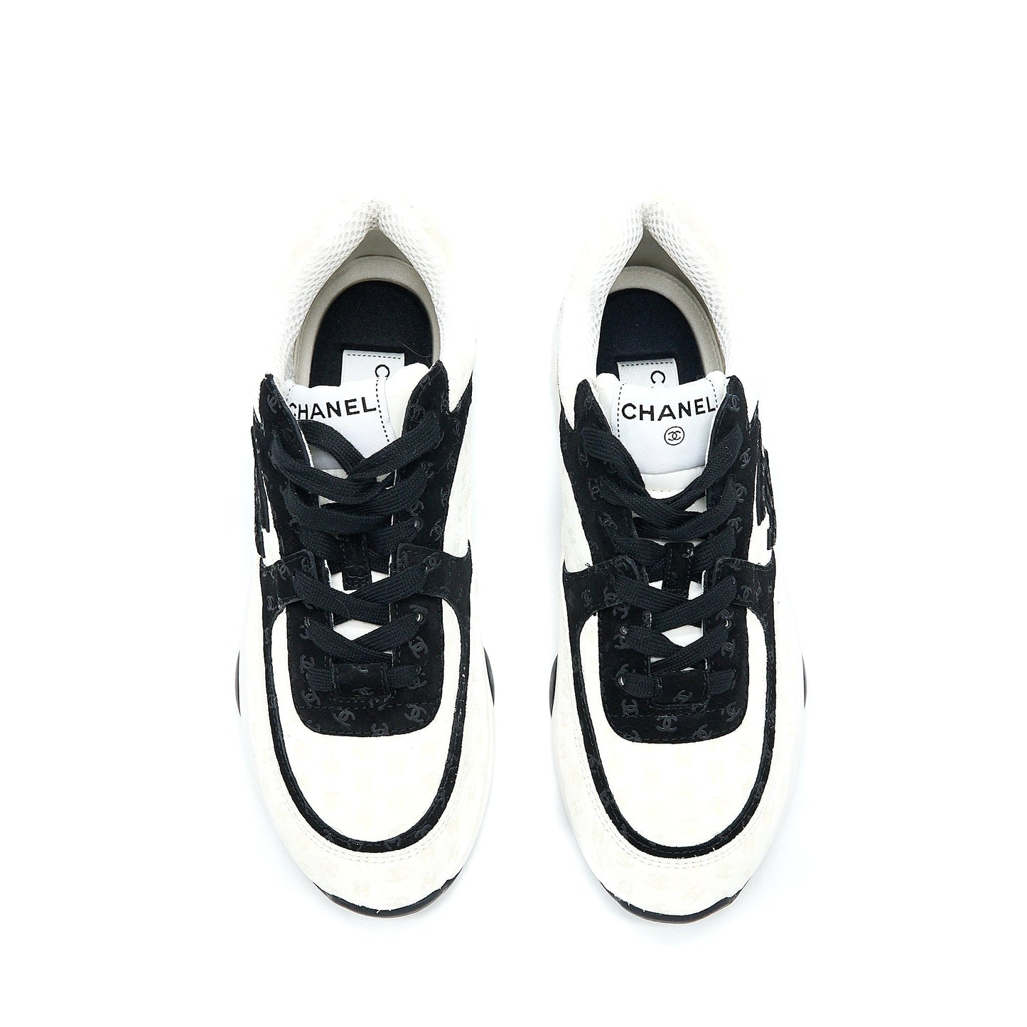 Chanel Size 38.5 22A Trainers Printed Suede Calfskin Black/White