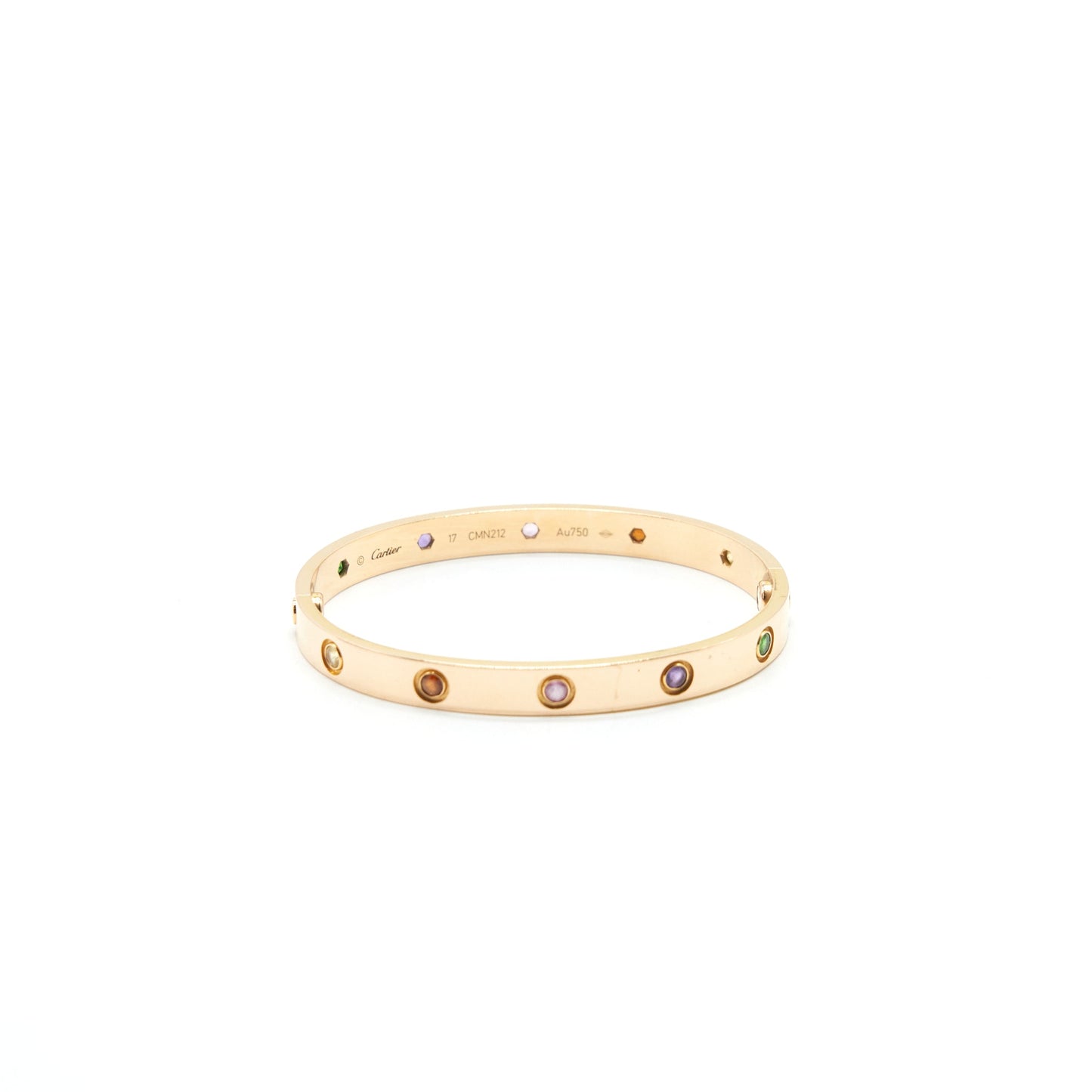 Cartier Size 17 Love Bracelet Rose Gold, Sapphires, Garnets, Amethysts