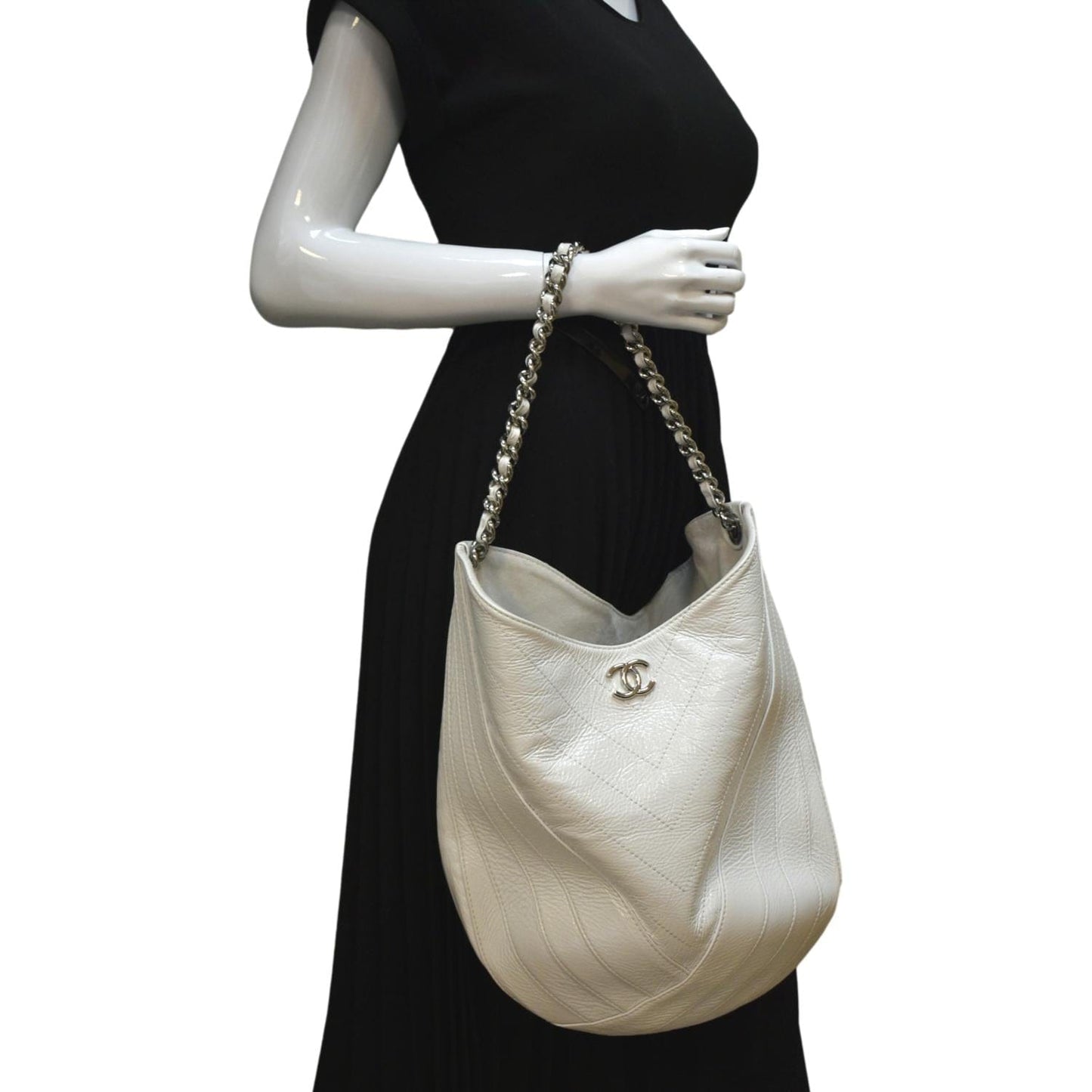 Luxury Chanel Droplet Patent Leather Hobo Bag White