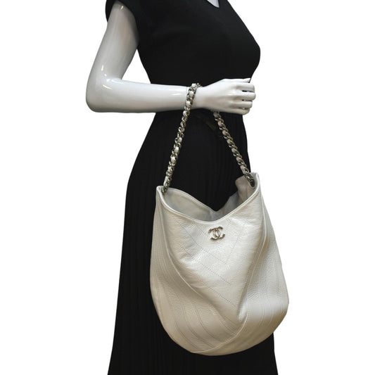 Luxury Chanel Droplet Patent Leather Hobo Bag White