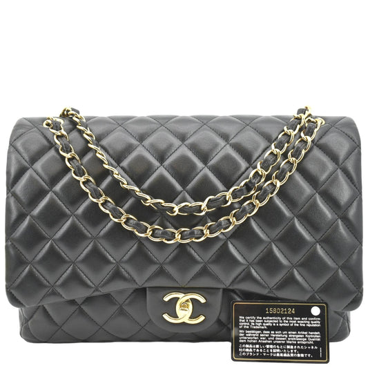 CHANEL Maxi Double Flap Lambskin Leather Shoulder Bag Black