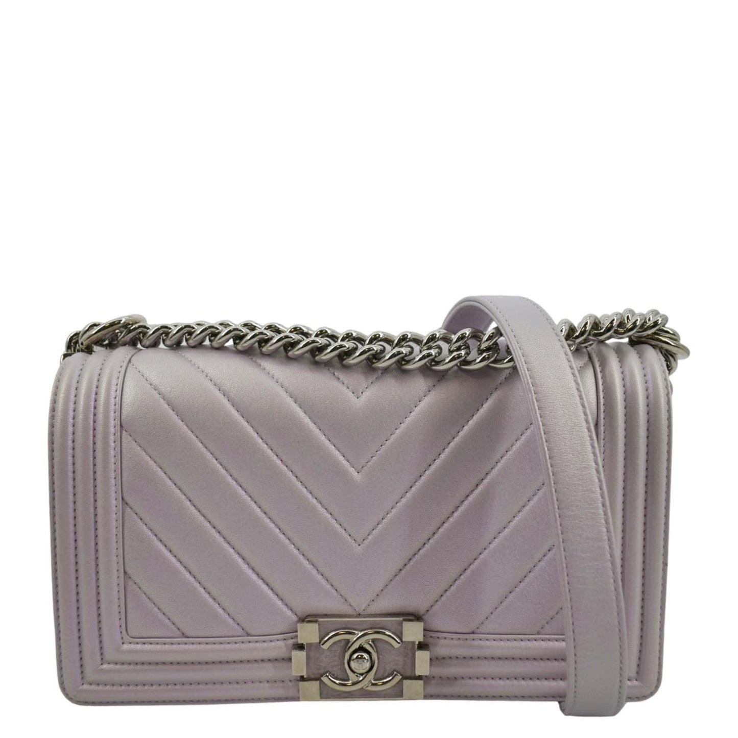 Luxury Chanel Medium Boy Flap Metallic Chevron Shoulder Bag Light Purple