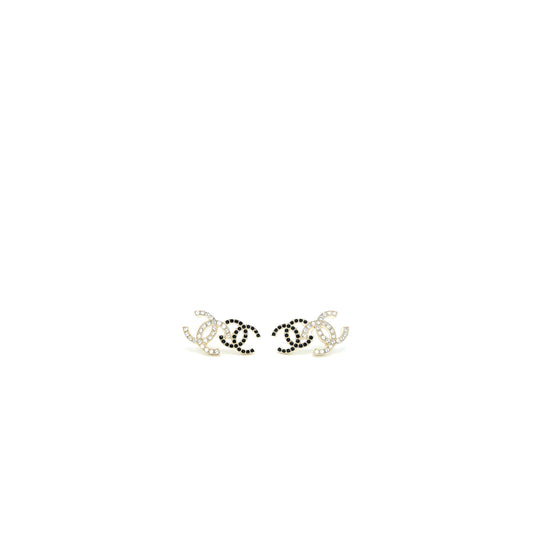 Chanel Double CC Logo Crystal Earrings Black and White Light Gold Tone