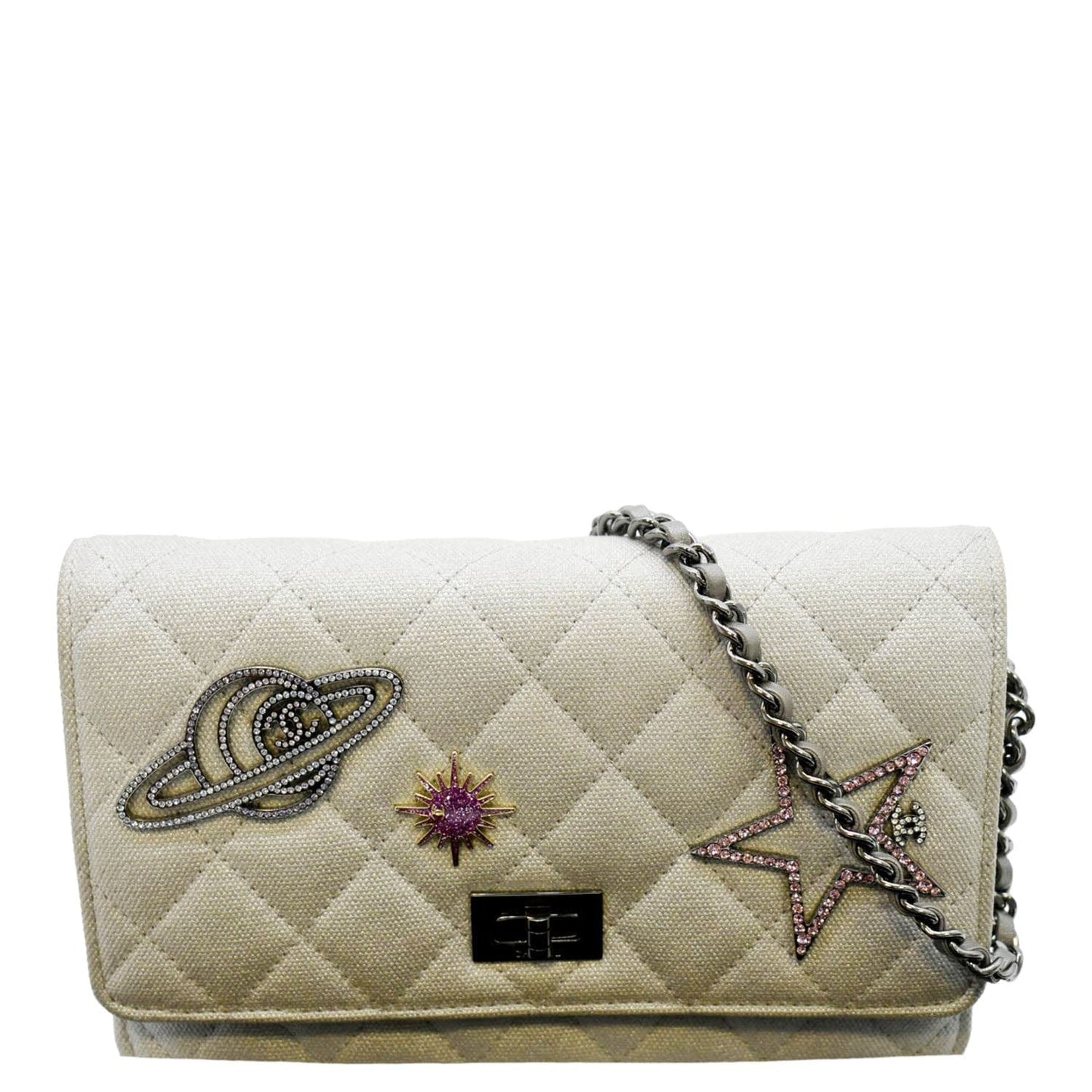Luxury Chanel Classic 2.55 Reissue Space Charm Quilted Canvas WOC Crossbody Bag Light Grey