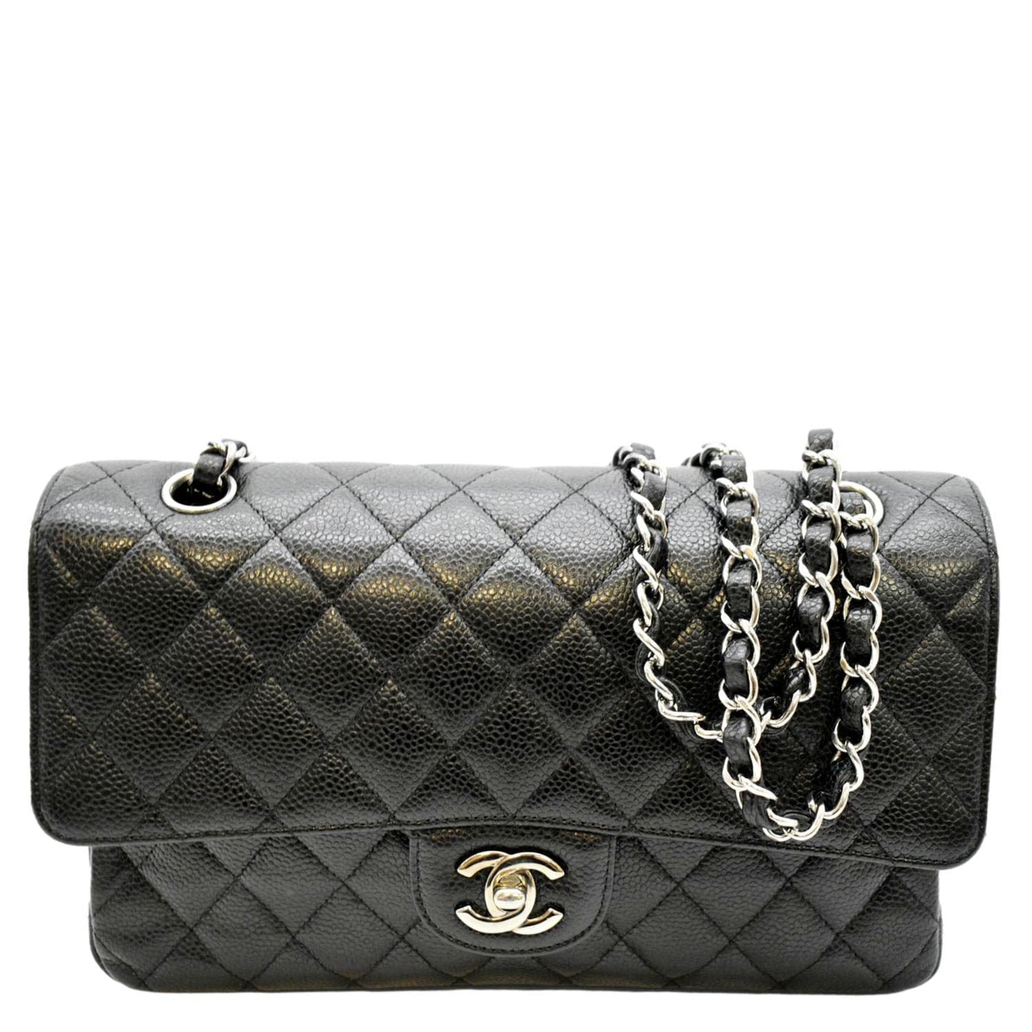 Luxury Chanel Classic Medium Double Flap Quilted Caviar Leather Shoulder Bag Black