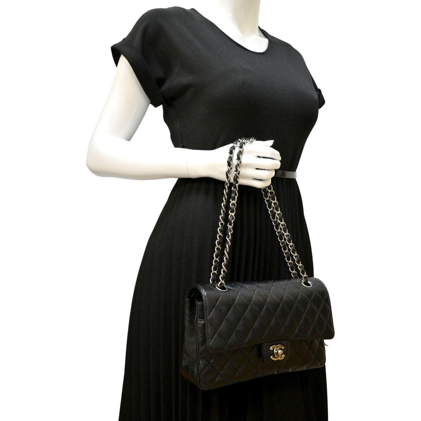 Luxury Chanel Classic Medium Double Flap Quilted Caviar Leather Shoulder Bag Black